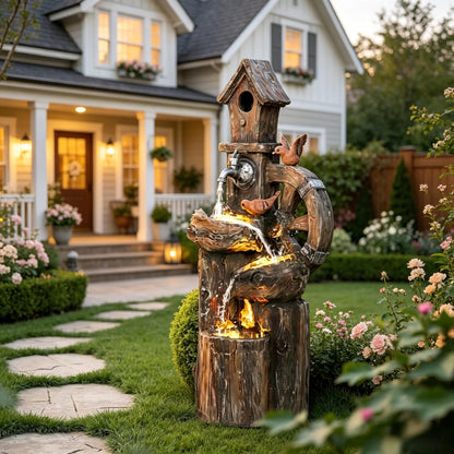 Resin Rustic Outdoor Fountain Birdhouse and Iron Tap