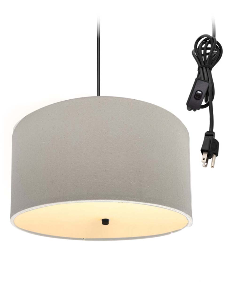 16-Inch Oatmeal Linen Drum Swag Pendant Light with Diffuser and Black Cord
