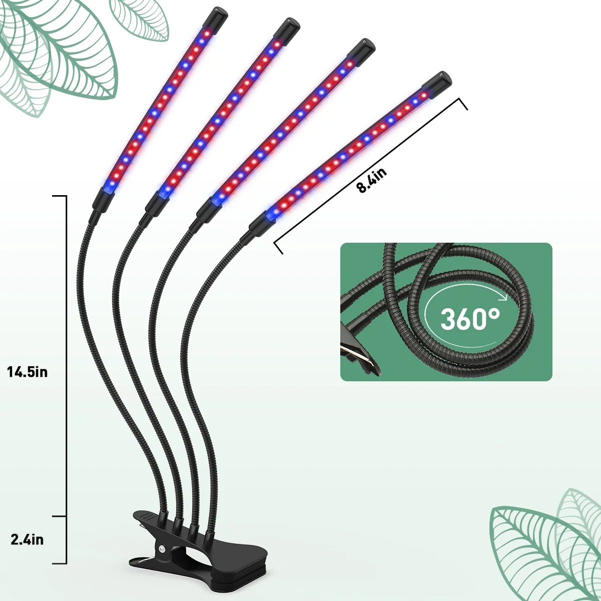 Grow Light,4 Head Grow Lights for Indoor Plants with Red Blue Spectrum, 4/8/12H Timer, 10 Dimmable Brightness for Indoor Succulent Plants Growth, 3 Switch Modes, Adjustable Gooseneck