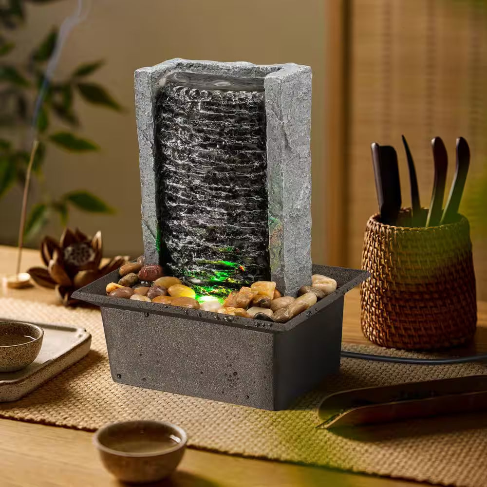 Tabletop Indoor Waterfall Rock Fountain with Led-Lights Water Feature for Modern Home Office Indoor Decoration (1-Pack)