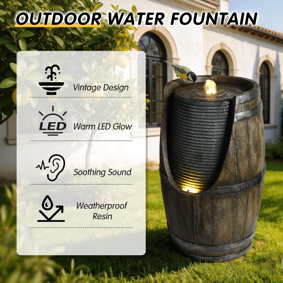 Resin Rustic Barrel Outdoor Water Fountain 24 Inch LED