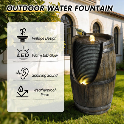 Resin Rustic Barrel Outdoor Water Fountain 24 Inch LED