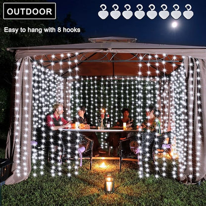 echosari Christmas Curtain Lights Solar Powered 7.9ft x 6ft 144 LED Outdoor Curtain Lights Waterproof with Timer 8 Modes for Christmas Garden Patio Fence Wedding Wall Window Gazebo Decor Cool White