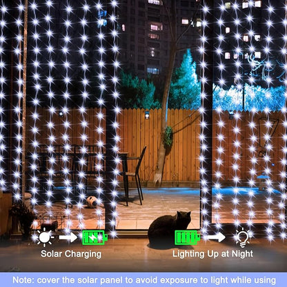 echosari Christmas Curtain Lights Solar Powered 7.9ft x 6ft 144 LED Outdoor Curtain Lights Waterproof with Timer 8 Modes for Christmas Garden Patio Fence Wedding Wall Window Gazebo Decor Cool White