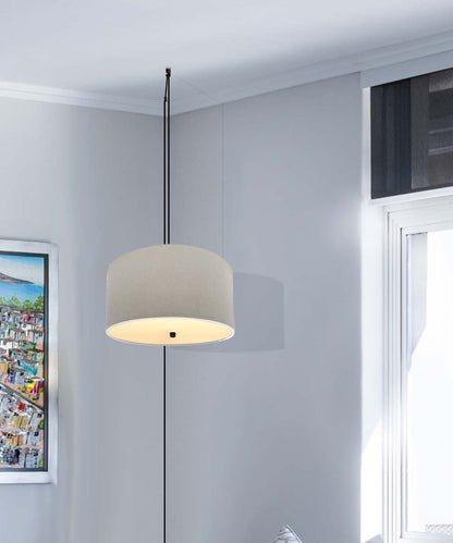 16-Inch Oatmeal Linen Drum Swag Pendant Light with Diffuser and Black Cord