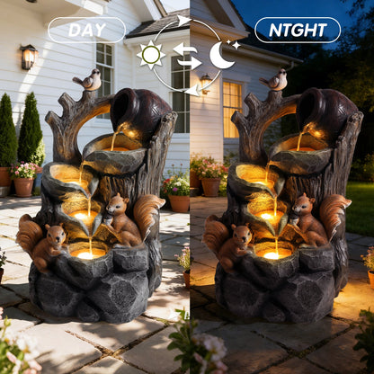 Resin Squirrel Tree Stump Outdoor Fountain 30 Inch LED