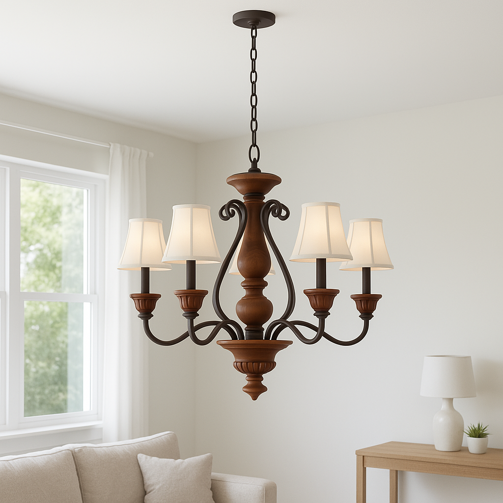 Elysia 5-Light Chandelier with White Fabric Shades and Antiqued Gold Finish