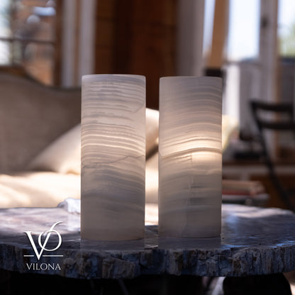 White Ice Onyx Small Table Lamp Set – 12" Tall