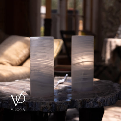 White Ice Onyx Small Table Lamp Set – 12" Tall