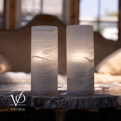 White Ice Onyx Small Table Lamp Set – 12" Tall