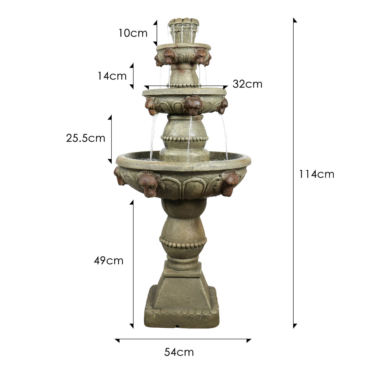 Concrete Lion Head Fountain 3 Tier Outdoor