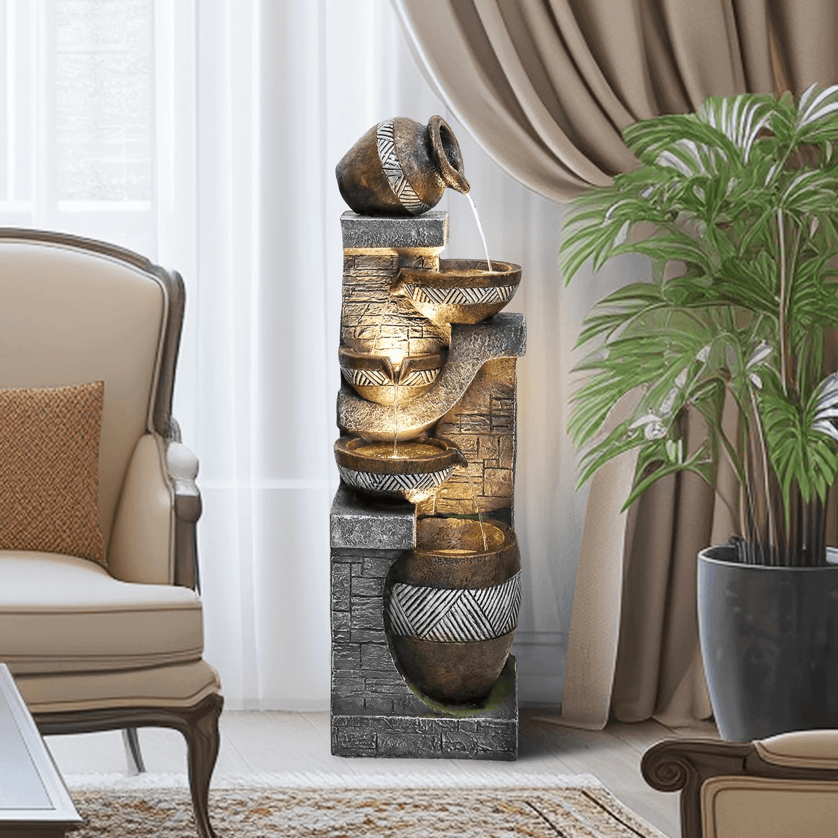 Resin Carved Clay Urn Outdoor Water Fountain 42 Inch