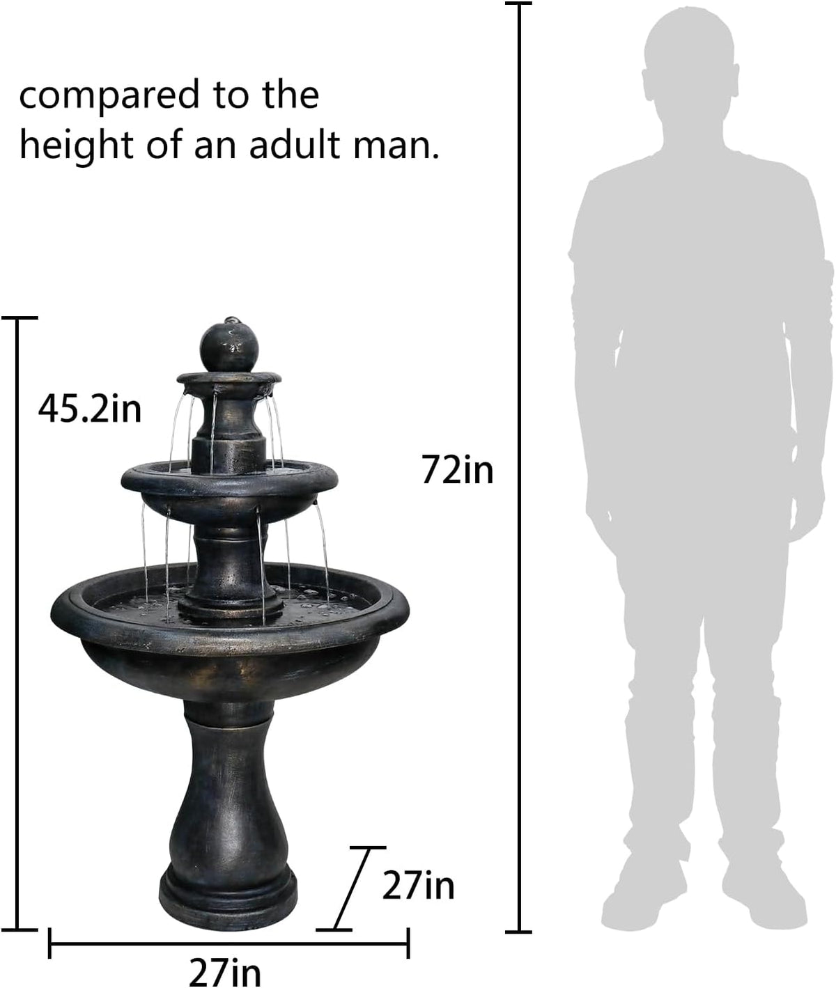 Concrete Antique Black 3 Tier Outdoor Water Fountain