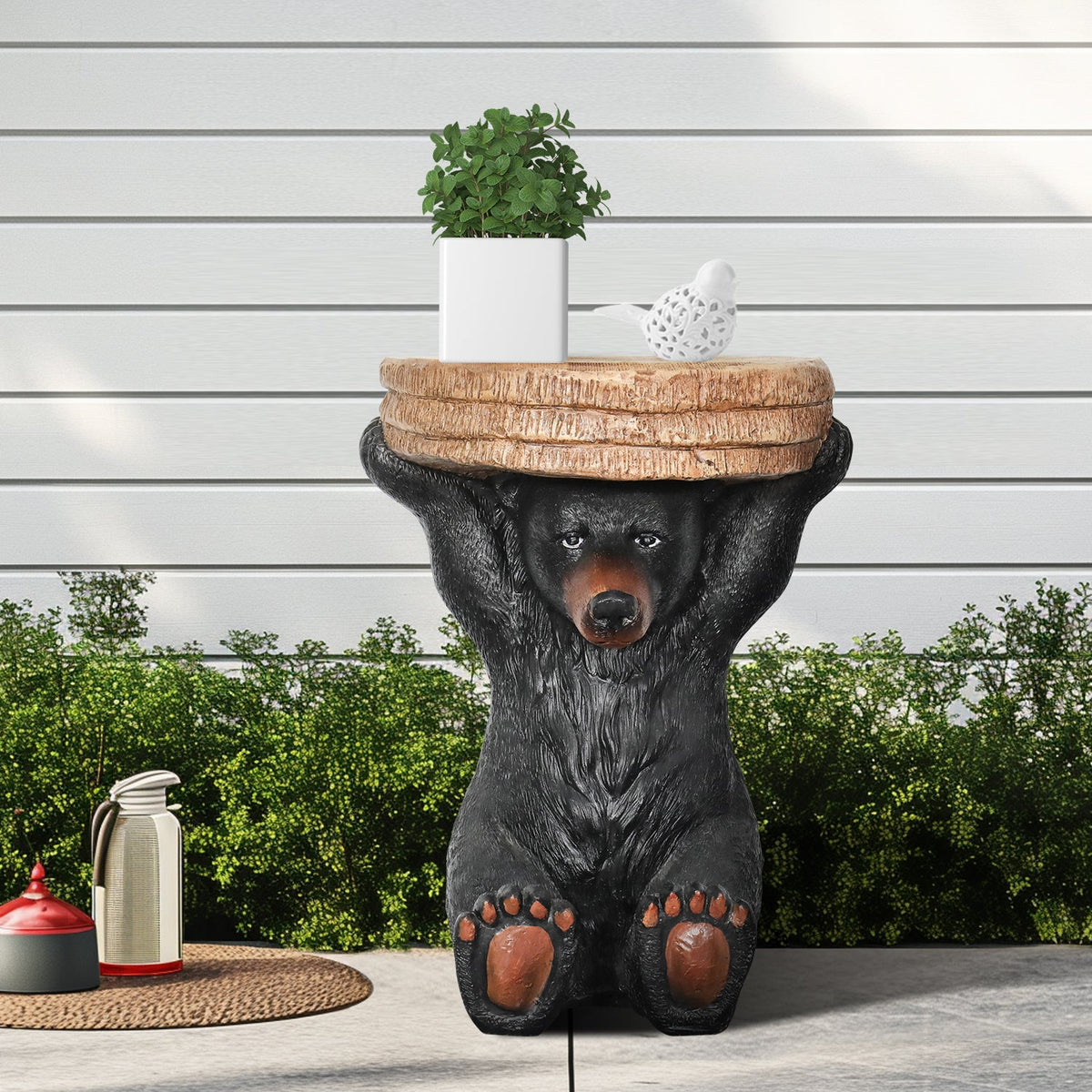 Concrete Outdoor Side Table Bear Holding Top 15 Inch
