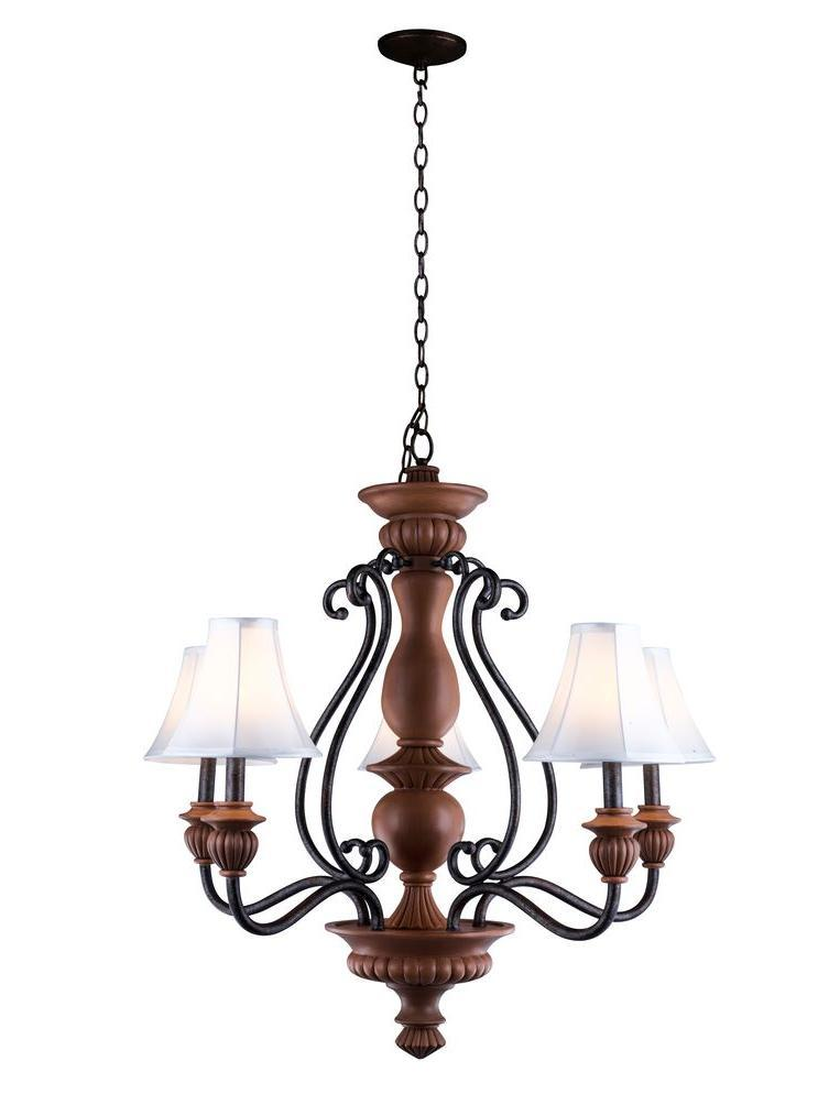 Elysia 5-Light Chandelier with White Fabric Shades and Antiqued Gold Finish