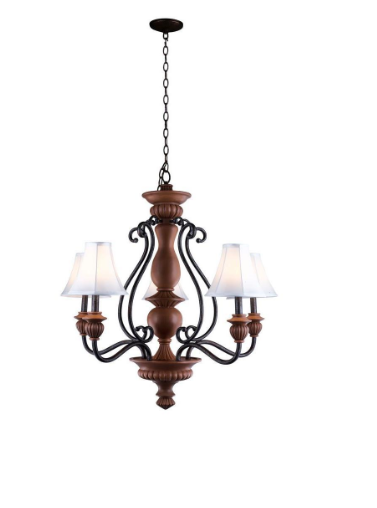 Elysia 5-Light Chandelier with White Fabric Shades and Antiqued Gold Finish