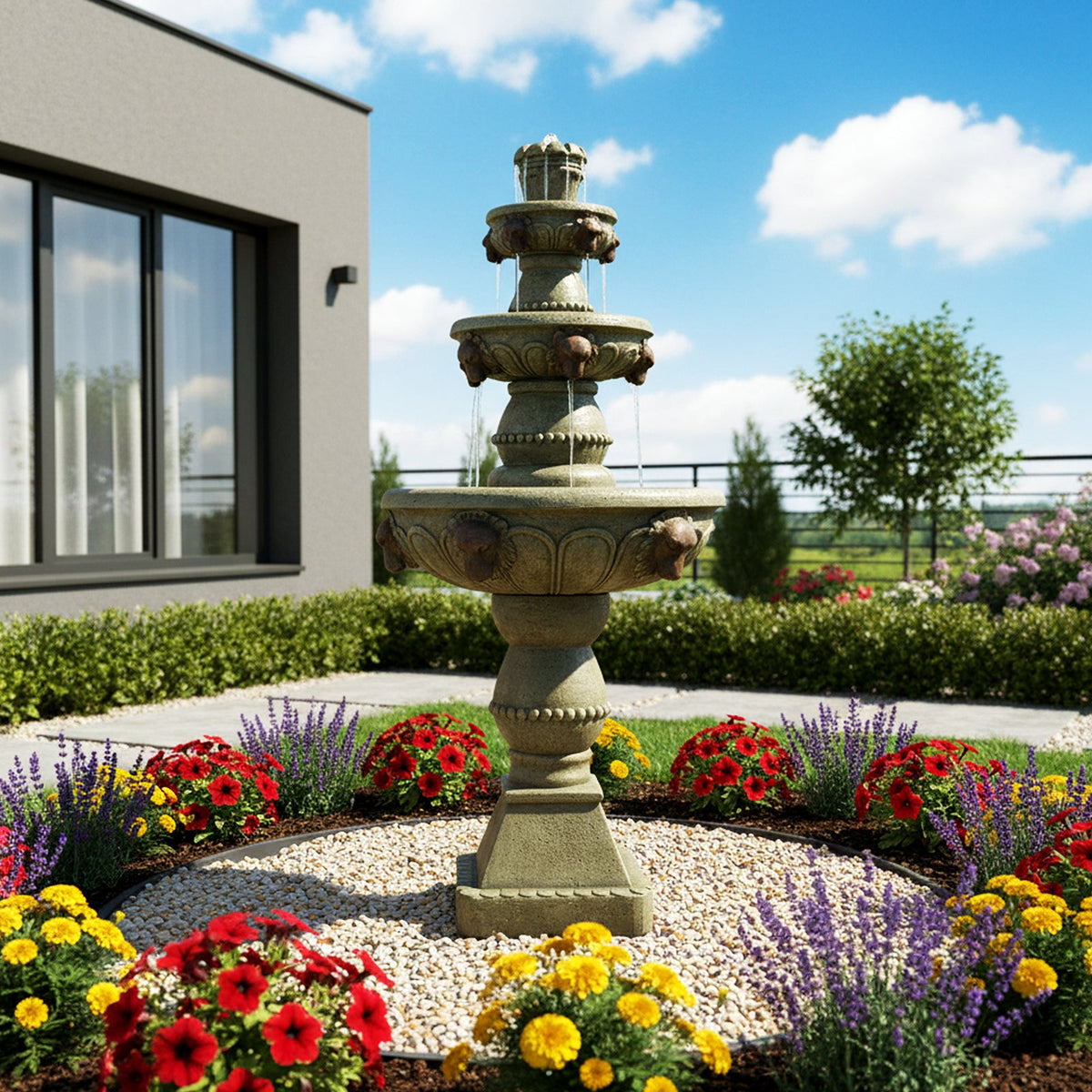 Concrete Lion Head Fountain 3 Tier Outdoor
