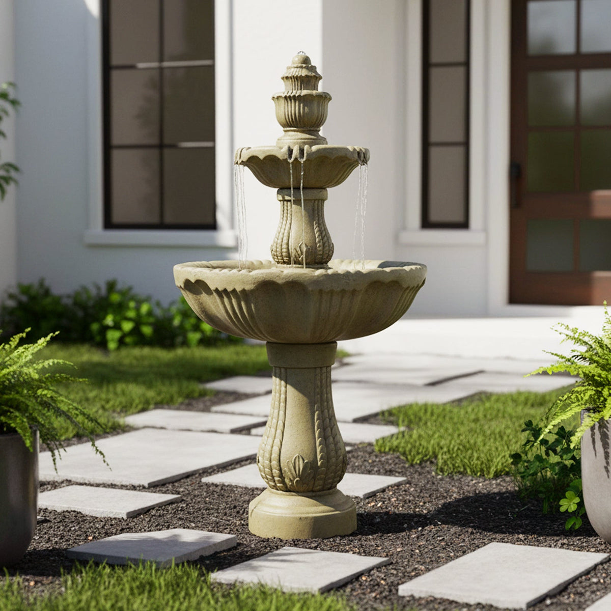 Concrete Water Fountain Pedestal Scalloped 3 Tier