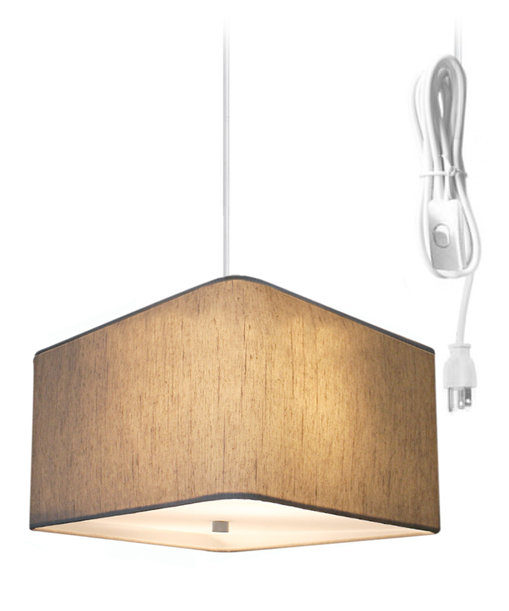 16-Inch Oatmeal Drum Pendant Light with Diffuser and White Plug-In Cord
