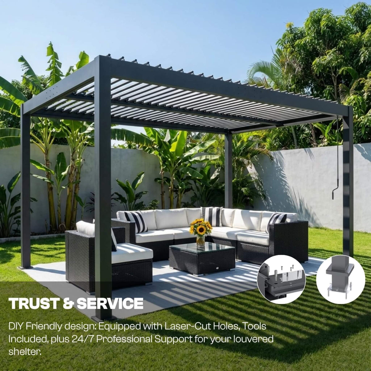 Aluminum Louvered Pergola Kit With Adjustable Roof & Drainage (SAK94316)