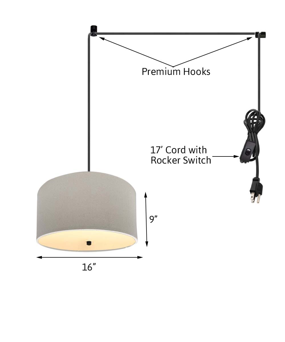 16-Inch Oatmeal Linen Drum Swag Pendant Light with Diffuser and Black Cord