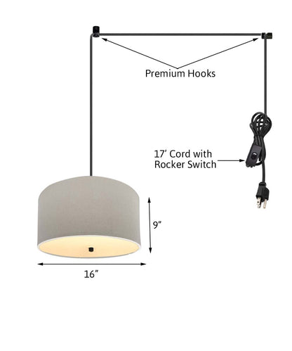 16-Inch Oatmeal Linen Drum Swag Pendant Light with Diffuser and Black Cord