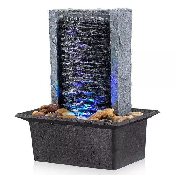Tabletop Indoor Waterfall Rock Fountain with Led-Lights Water Feature for Modern Home Office Indoor Decoration (1-Pack)