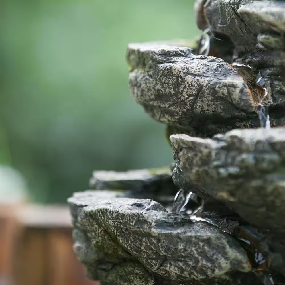 14 In. Indoor Outdoor Rock Waterfall Fountain Polyresin Water Feature with Light