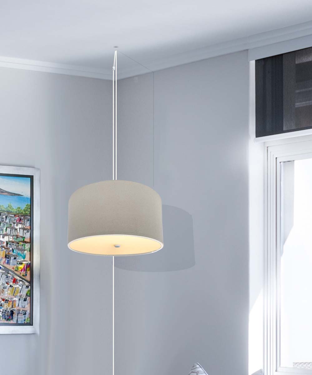 16-Inch Oatmeal Linen Drum Swag Pendant Light with Diffuser