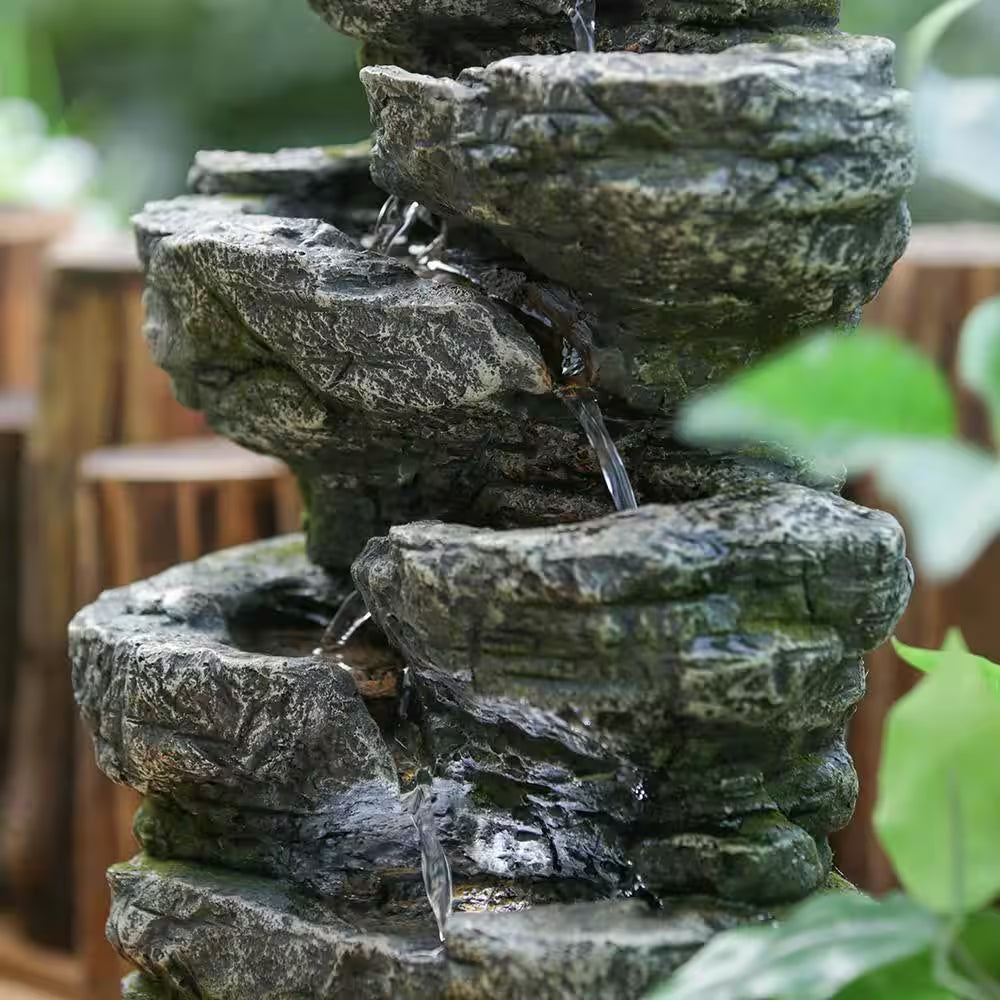 14 In. Indoor Outdoor Rock Waterfall Fountain Polyresin Water Feature with Light