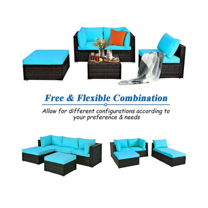 Outdoor 5-Piece Patio Rattan Turquoise Furniture Sectional Conversation Sofa Set (SAK56878)