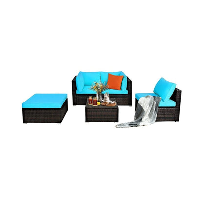 Outdoor 5-Piece Patio Rattan Turquoise Furniture Sectional Conversation Sofa Set (SAK56878)