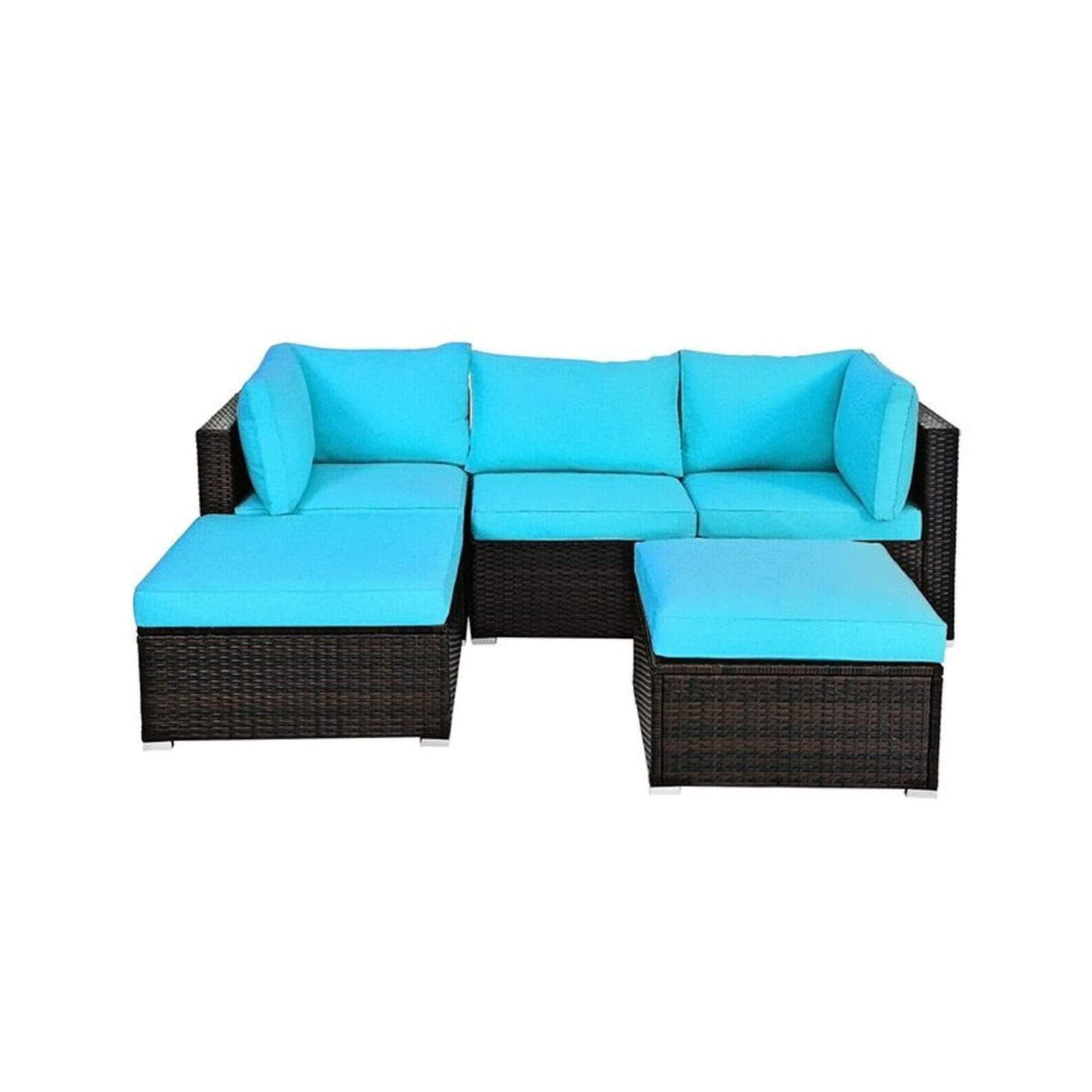 Outdoor 5-Piece Patio Rattan Turquoise Furniture Sectional Conversation Sofa Set (SAK56878)