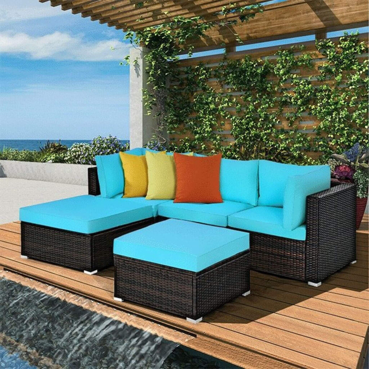 Outdoor 5-Piece Patio Rattan Turquoise Furniture Sectional Conversation Sofa Set (SAK56878)