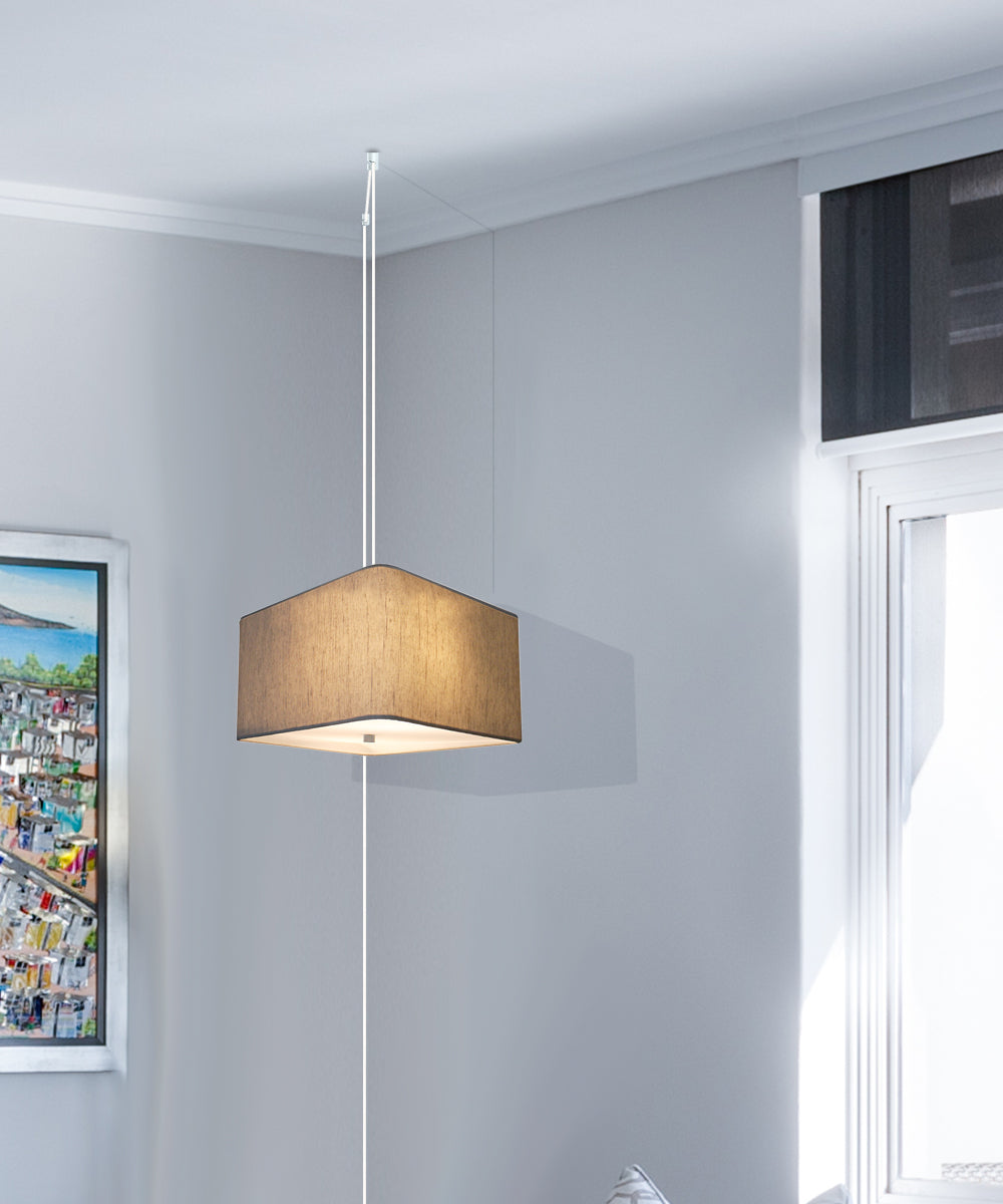 16-Inch Oatmeal Drum Pendant Light with Diffuser and White Plug-In Cord
