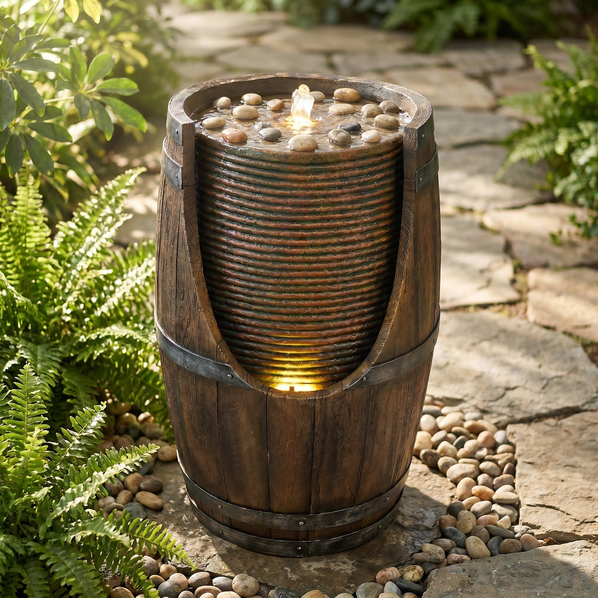 Resin Rustic Barrel Outdoor Water Fountain 24 Inch LED