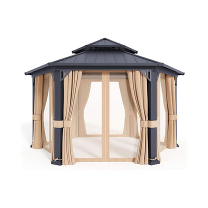 [13X15FT] Double-Tier Hexagonal Metal Hardtop Patio Gazebo With Curtains (SAK84137)