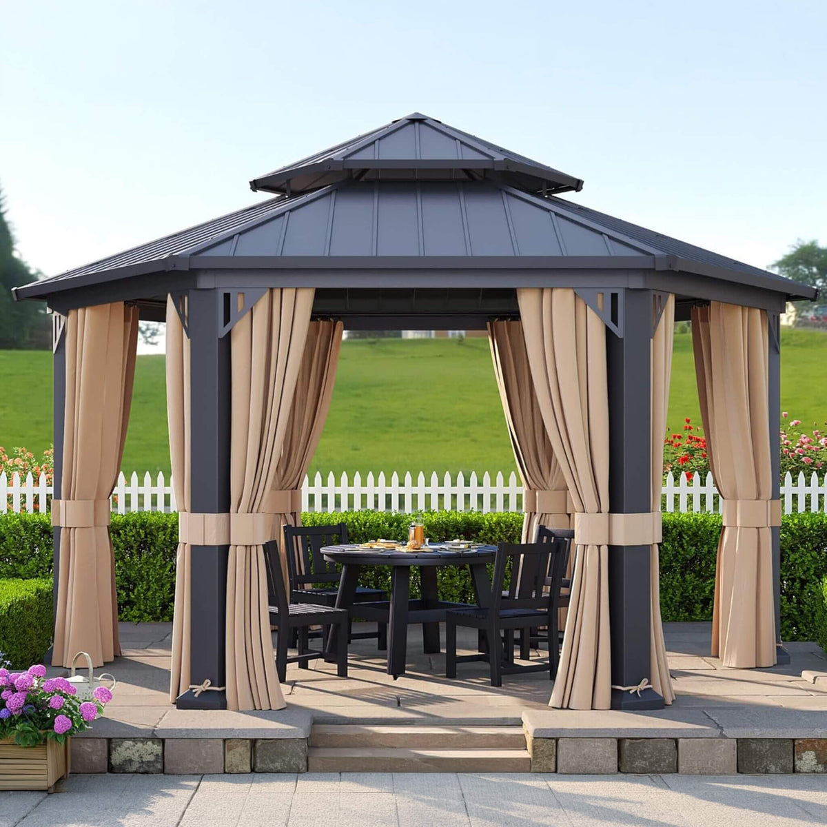 [13X15FT] Double-Tier Hexagonal Metal Hardtop Patio Gazebo With Curtains (SAK84137)
