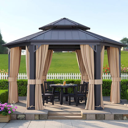 [13X15FT] Double-Tier Hexagonal Metal Hardtop Patio Gazebo With Curtains (SAK84137)