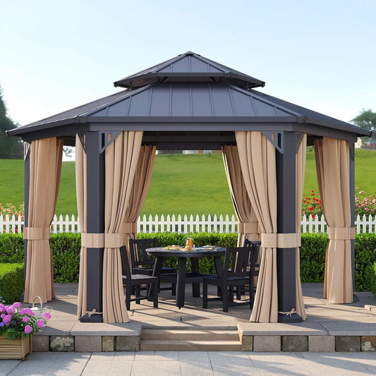 [13X15FT] Double-Tier Hexagonal Metal Hardtop Patio Gazebo With Curtains (SAK84137)