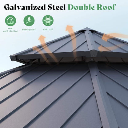 [13X15FT] Double-Tier Hexagonal Metal Hardtop Patio Gazebo With Curtains (SAK84137)