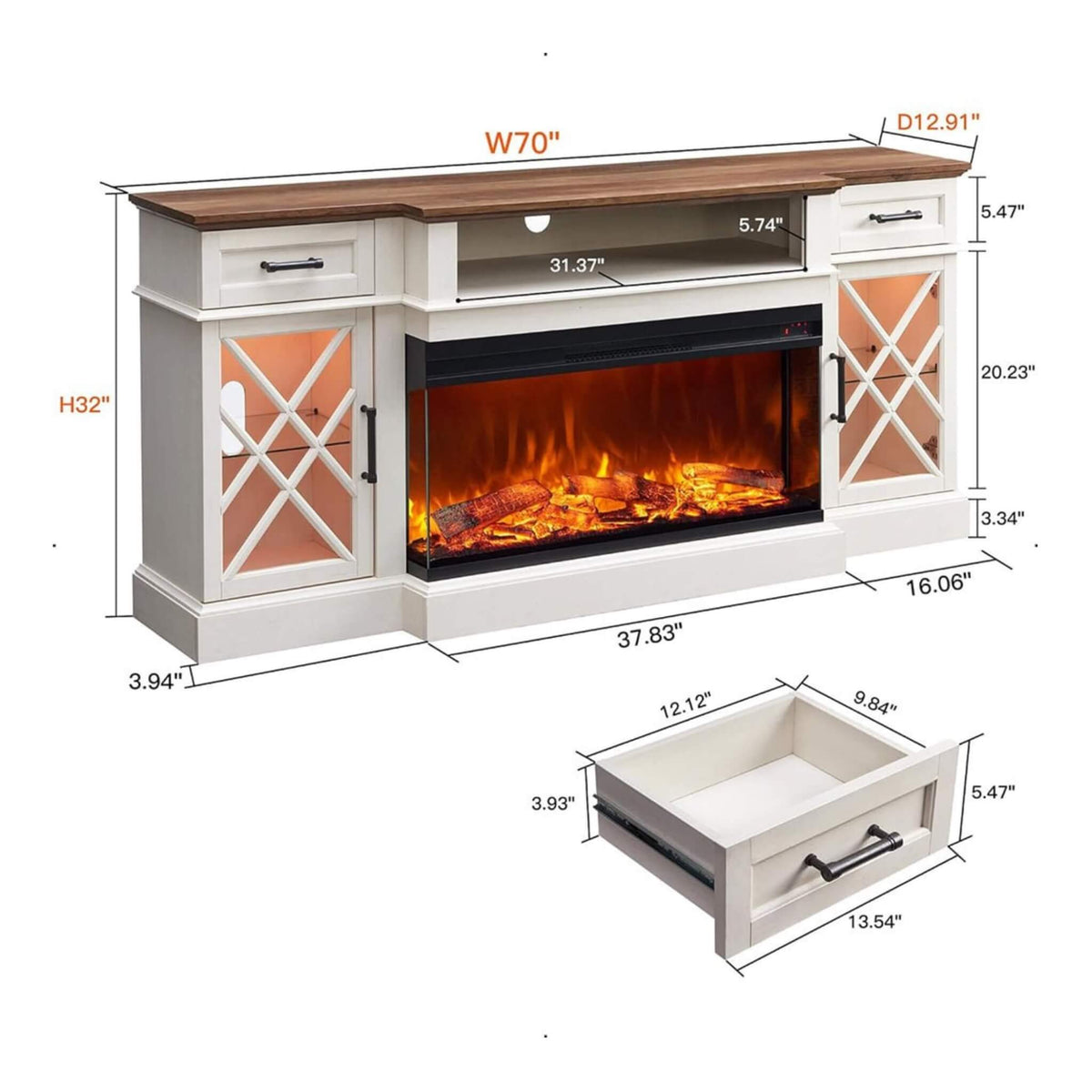 70-Inch Electric Fireplace TV Stand with Glass-Door Storage Cabinets