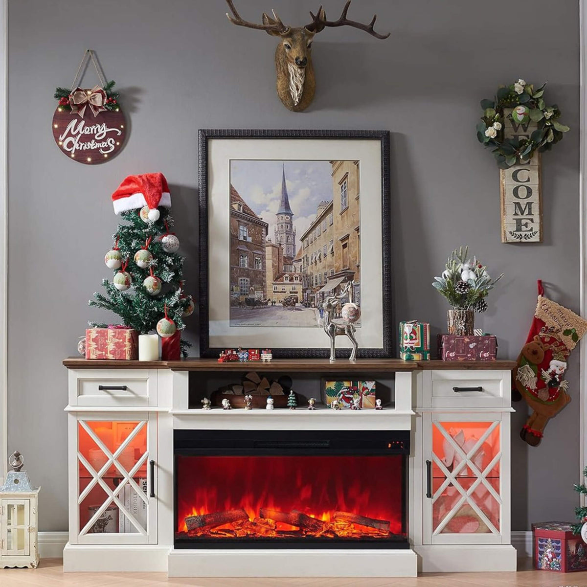 70-Inch Electric Fireplace TV Stand with Glass-Door Storage Cabinets