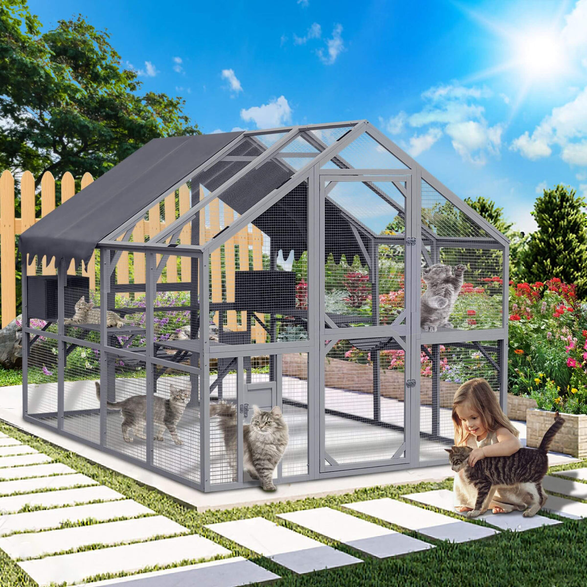 Extra-Large Outdoor Cat Kitten Playpen House With Platforms, And Waterproof Cover (SAK55092)