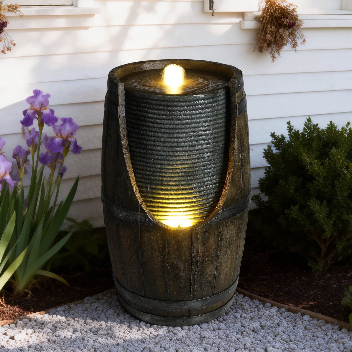 Resin Rustic Barrel Outdoor Water Fountain 24 Inch LED