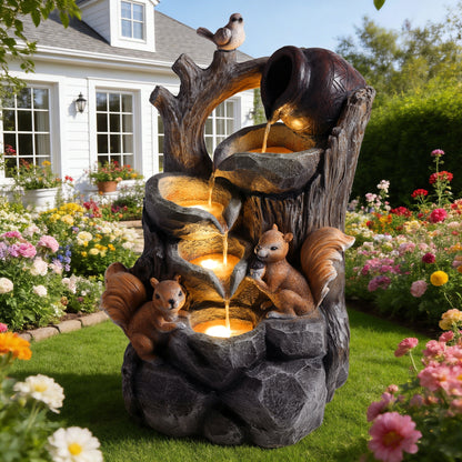 Resin Squirrel Tree Stump Outdoor Fountain 30 Inch LED
