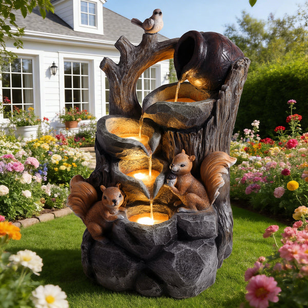 Resin Squirrel Tree Stump Outdoor Fountain 30 Inch LED