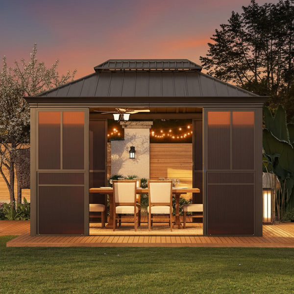 Terrace Fully-Enclosed Outdoor Black Sunroom With Lockable Sliding Doors And Galvanized Double Steel Roof (SAK81634)