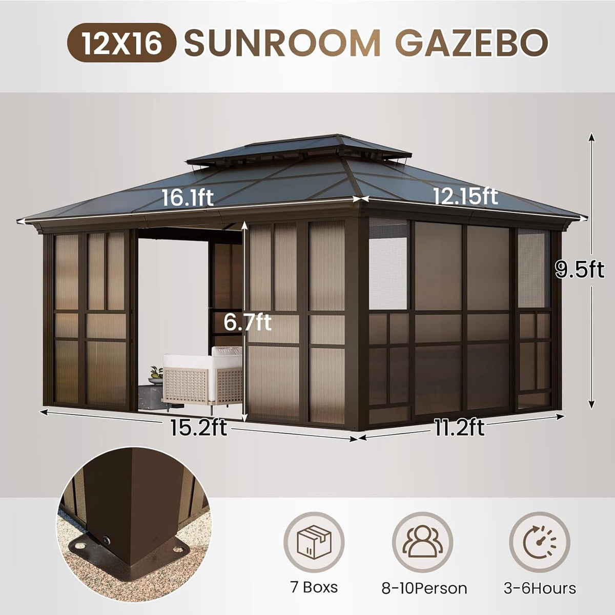 Edge Heavy-Duty Aluminum Frame Outdoor Backyard Solarium With Polycarbornate Roof And Adjustable Panels (SAK68513)