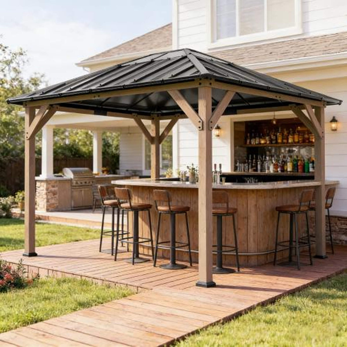 [08X10] Heavy-Duty Fir Wood Hardtop Gazebo With Galvanized Steel Roof And Ceiling Hooks (SAK29467)